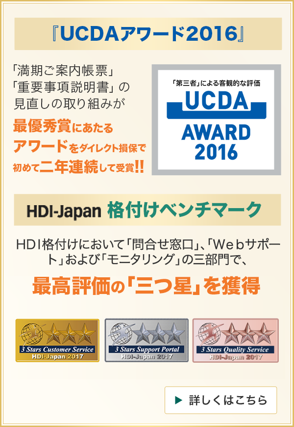 『UCDAアワード2016』・・・「満期ご案内帳票」「重要事項説明書」の見直しの取り組みが最優秀賞にあたるアワードをダイレクト損保で初めて二年連続して受賞!! 「第三者」による客観的な評価 UCDA AWARD 2016 HDI-Japan 格付けベンチマーク・・・HDI格付けにおいて「問合せ窓口」および「Webサポート」両部門で、最高評価の「三つ星」を獲得 詳しくはこちら