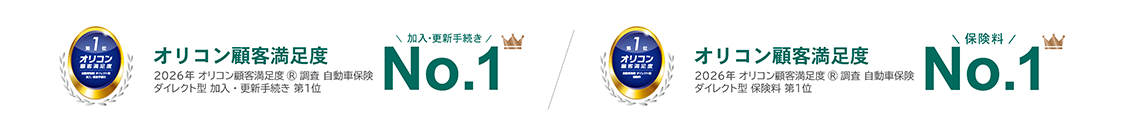 2026年 オリコン顧客満足度®調査 自動車保険 ダイレクト型 加入・更新手続き 第1位／2026年 オリコン顧客満足度®調査 自動車保険 ダイレクト型 保険料 第1位