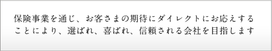 保険事業を通じ、お客さまの期待にダイレクトにお応えすることにより、選ばれ、喜ばれ、信頼される会社を目指します