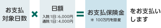 お支払い対象日数×日額(入院1日:6,000円 通院1日:4,000円)=お支払い保険金(※100万円を限度)をお支払いします