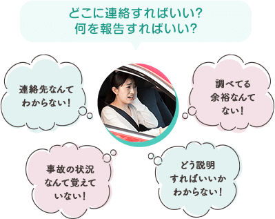 どこに連絡すればいい?何を報告すればいい? 連絡先なんてわからない! 調べてる余裕なんてない! 事故の状況なんて覚えていない! どう説明すればいいかわからない!